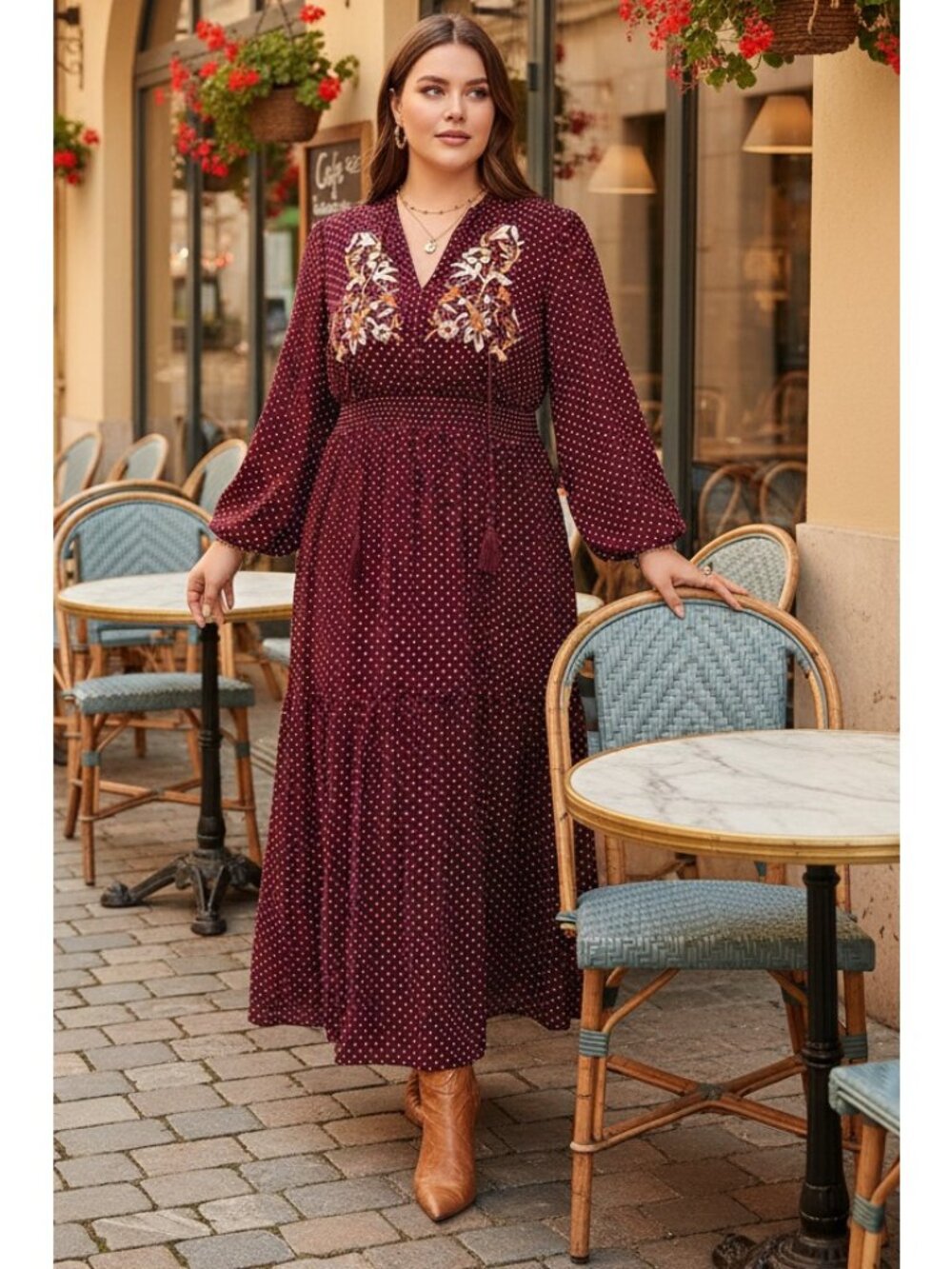 Plus Sz Embroidered Polka Dot Tassel Tie Neck Long Sleeve Tiered Boho Midi Dress